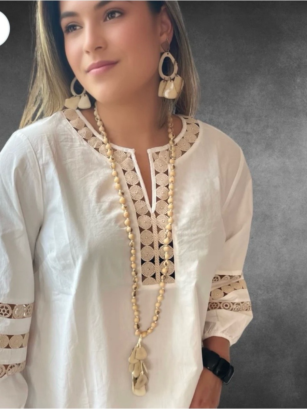 Talbots White Tunic with Beige Lace Trim